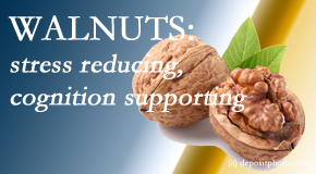 OrthoIllinois Chiropractic shares a picture of a walnut which is said to be good for the gut and reduce stress.