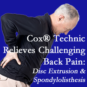 McHenry chiropractic care with Cox Technic alleviates back pain due to a painful combination of a disc extrusion and a spondylolytic spondylolisthesis.